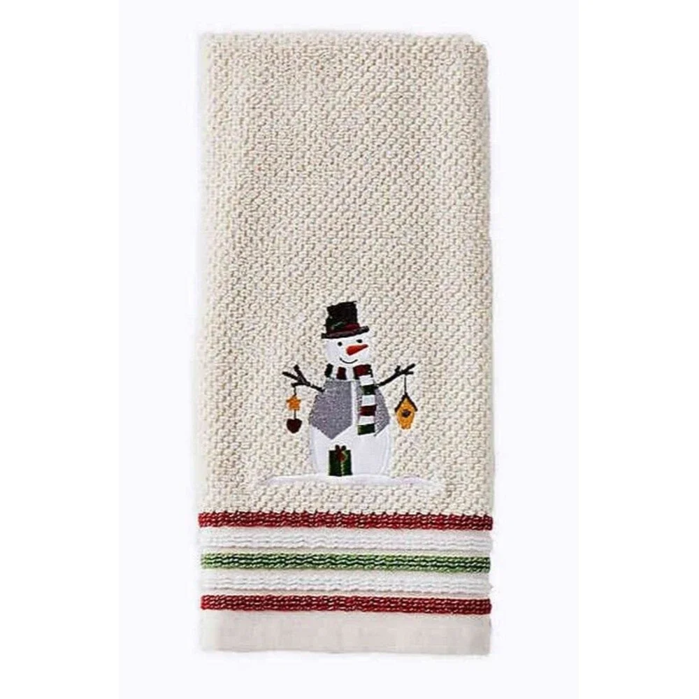 Christmas Snowman Hand Towels Winter Beige Tan Embroidered Holiday Set of 2